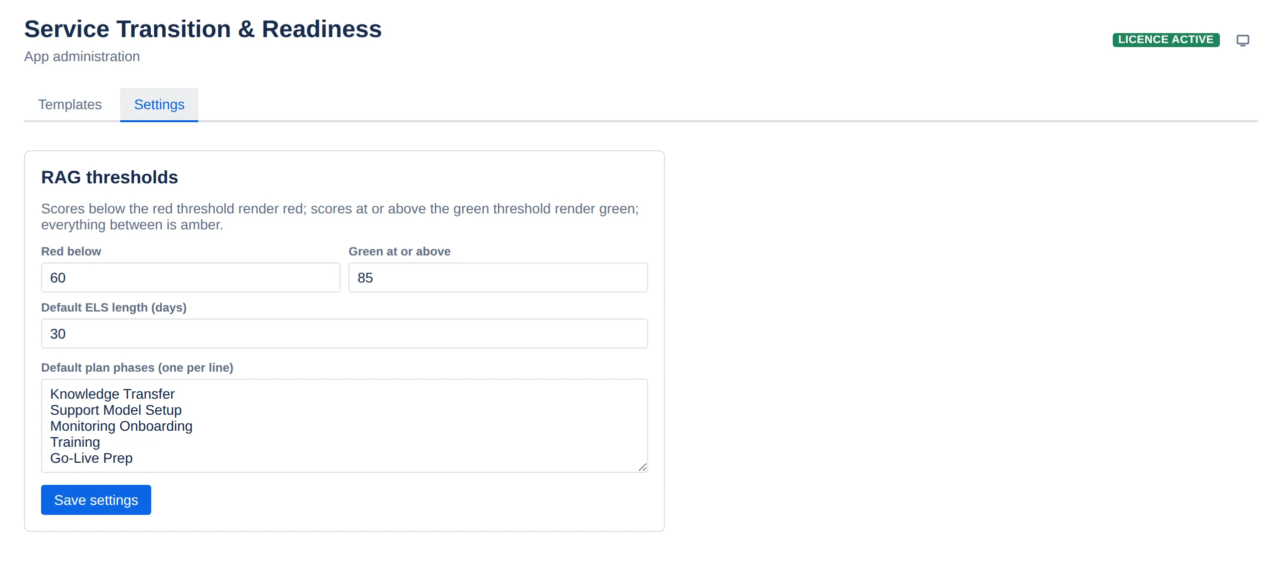 The Settings tab, showing RAG thresholds, default ELS length and default plan phases