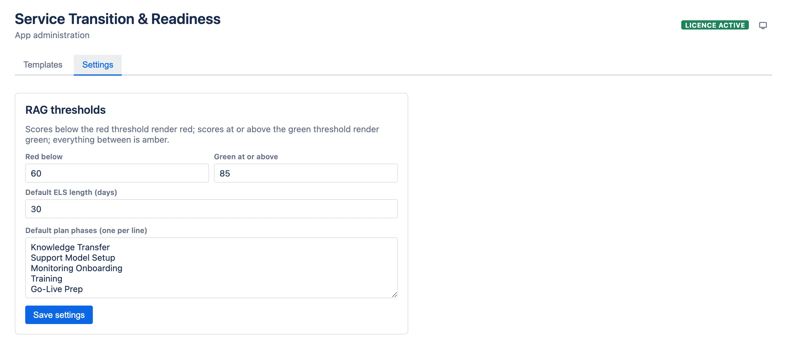 The Settings tab, showing RAG thresholds, default ELS length and default plan phases