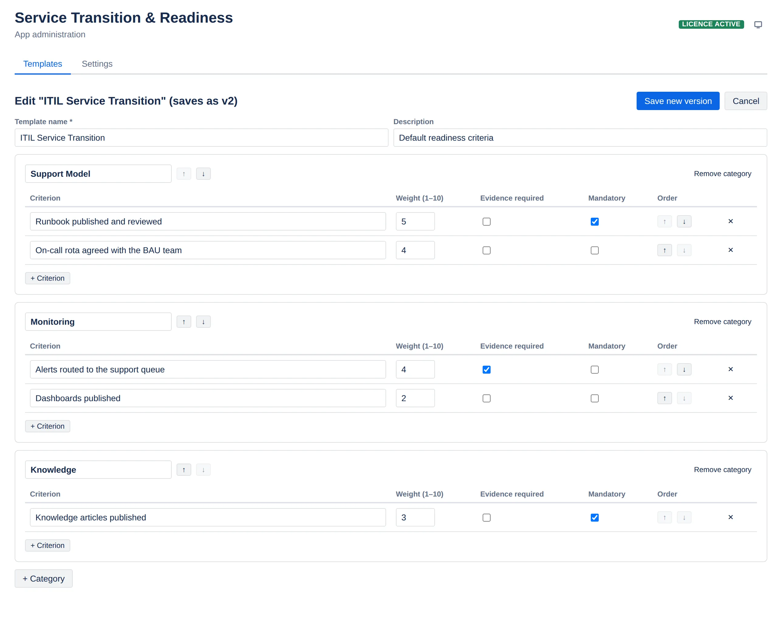 The template editor, editing an existing template — note the heading and the Save new version button
