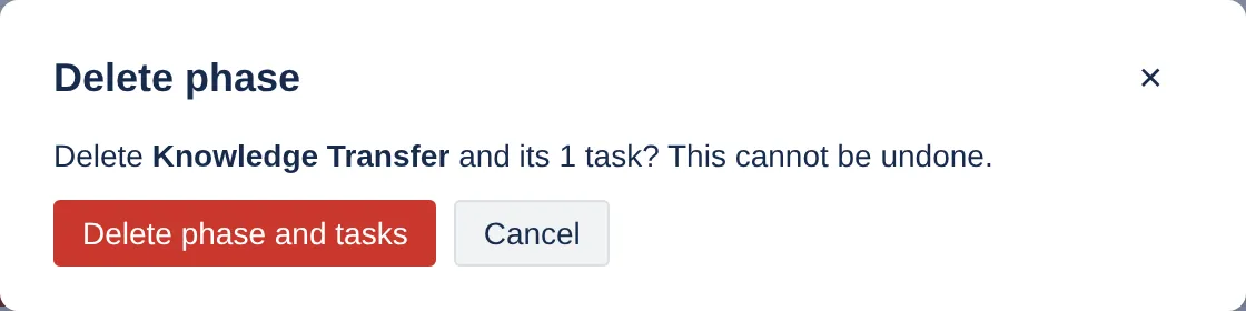 Confirming a phase deletion, naming the phase and its task count